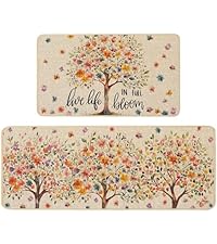 Baccessor Spring Kitchen Mats Set of 2, Daisy Butterfly Floral Kitchen Rugs for Floor Non Slip Low-Profile Seasonal Spring Summer Home Decor 17x29 and 17x47 Inch