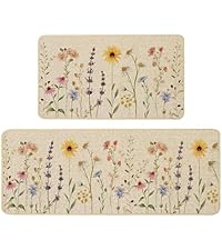 Baccessor Spring Kitchen Mats Set of 2, Daisy Butterfly Floral Kitchen Rugs for Floor Non Slip Low-Profile Seasonal Spring Summer Home Decor 17x29 and 17x47 Inch