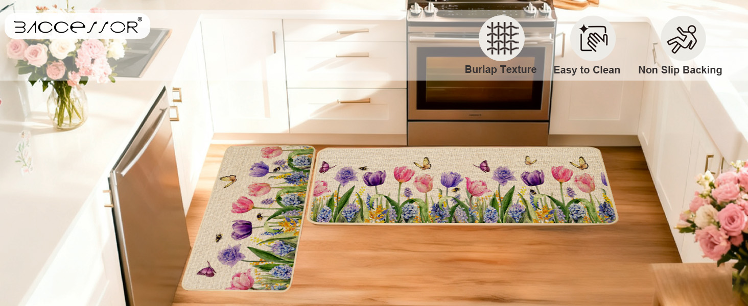 Baccessor Spring Kitchen Mats Set of 2, Daisy Butterfly Floral Kitchen Rugs for Floor Non Slip Low-Profile Seasonal Spring Summer Home Decor 17x29 and 17x47 Inch
