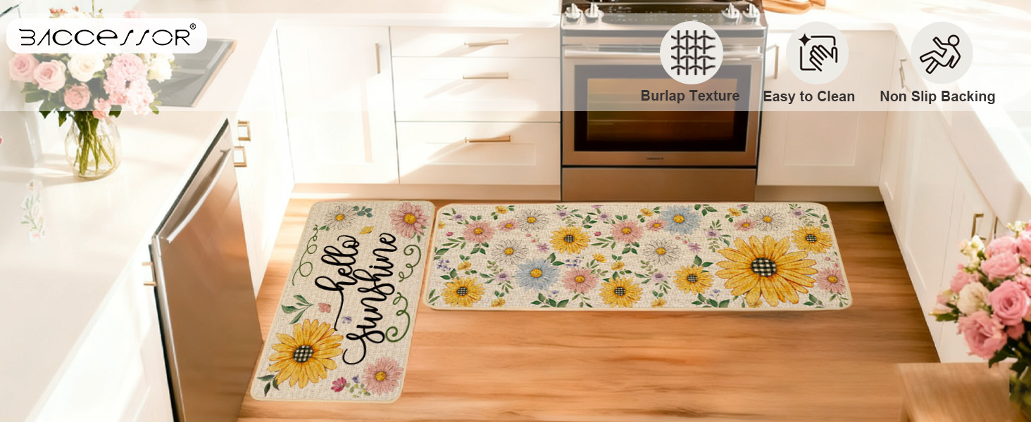 Baccessor Spring Kitchen Mats Set of 2, Daisy Butterfly Floral Kitchen Rugs for Floor Non Slip Low-Profile Seasonal Spring Summer Home Decor 17x29 and 17x47 Inch