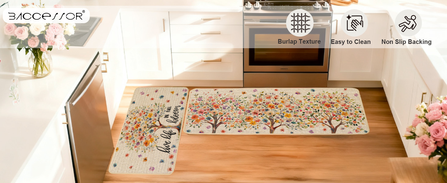 Baccessor Spring Kitchen Mats Set of 2, Daisy Butterfly Floral Kitchen Rugs for Floor Non Slip Low-Profile Seasonal Spring Summer Home Decor 17x29 and 17x47 Inch