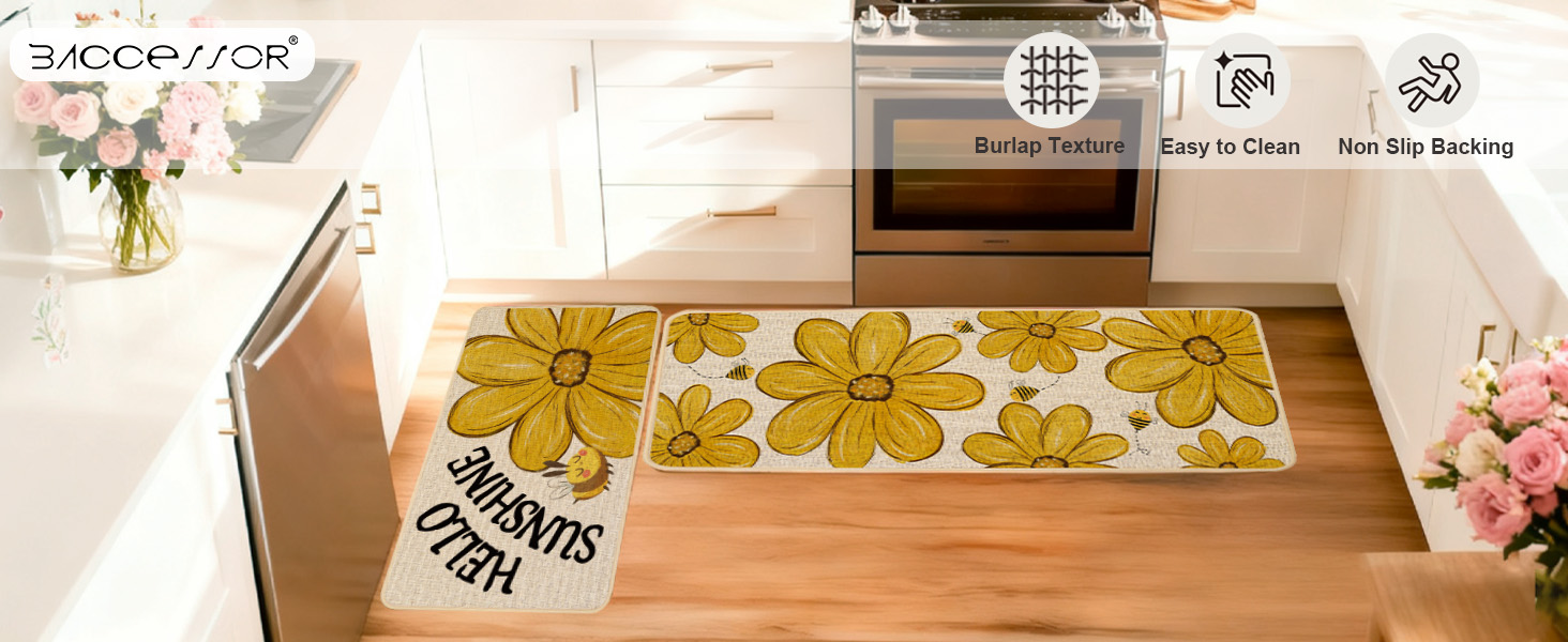 Baccessor Spring Kitchen Mats Set of 2, Daisy Butterfly Floral Kitchen Rugs for Floor Non Slip Low-Profile Seasonal Spring Summer Home Decor 17x29 and 17x47 Inch
