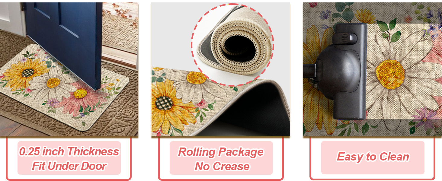 Baccessor Spring Kitchen Mats Set of 2, Daisy Butterfly Floral Kitchen Rugs for Floor Non Slip Low-Profile Seasonal Spring Summer Home Decor 17x29 and 17x47 Inch