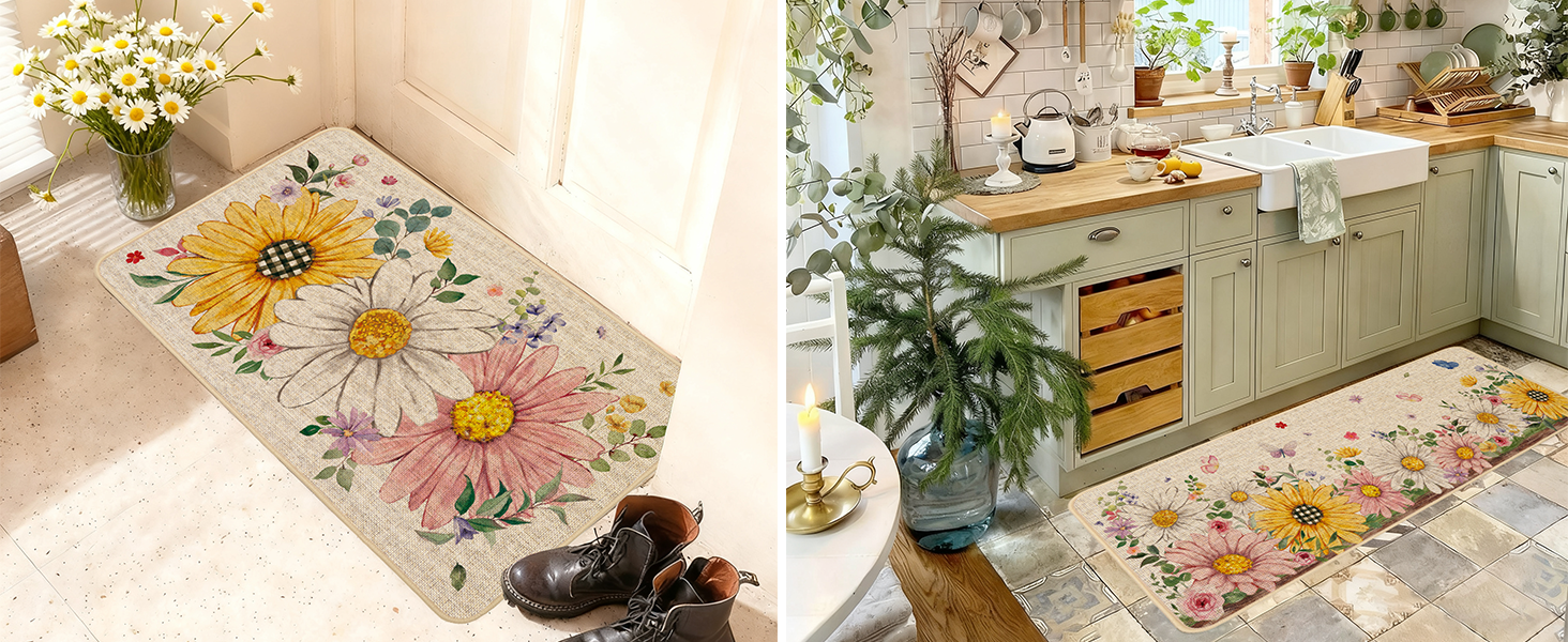 Baccessor Spring Kitchen Mats Set of 2, Daisy Butterfly Floral Kitchen Rugs for Floor Non Slip Low-Profile Seasonal Spring Summer Home Decor 17x29 and 17x47 Inch