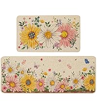 Baccessor Spring Kitchen Mats Set of 2, Daisy Butterfly Floral Kitchen Rugs for Floor Non Slip Low-Profile Seasonal Spring Summer Home Decor 17x29 and 17x47 Inch