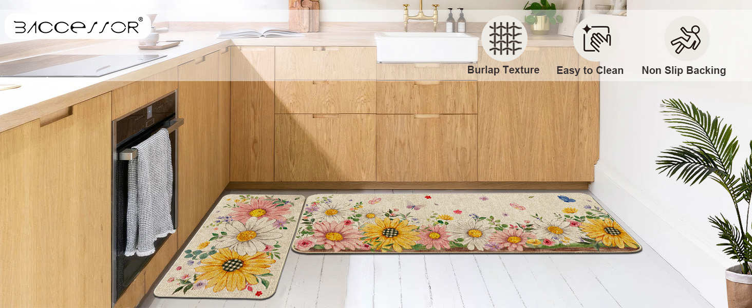 Baccessor Spring Kitchen Mats Set of 2, Daisy Butterfly Floral Kitchen Rugs for Floor Non Slip Low-Profile Seasonal Spring Summer Home Decor 17x29 and 17x47 Inch