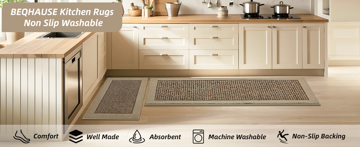 BEQHAUSE Kitchen Rugs and Mats Set of 2 Non-Slip Kitchen Mats for Floor, Absorbent and Stain Resistant Kitchen Runner, Machine Washable Rugs for Kitchen, Laundry & Sink, 20