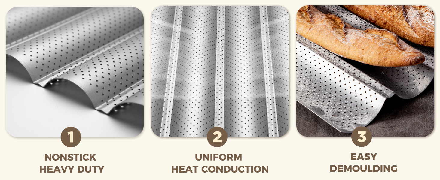 KITESSENSU Baguette Bread Pans, 2 & 3 Loaves Nonstick Perforated Baguette Pan for Sourdough, Italian Bread