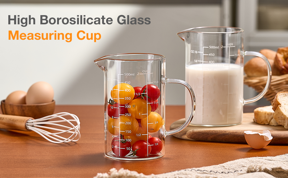 500ML 2 CUP Glass Liquid Measuring Cup With Handle, High Borosilicate Glass Three Scales (OZ, Cup, ML/CC) for Kitchen or Restaurant, V-Shaped Spout Glass Measuring Beaker, Easy To Read