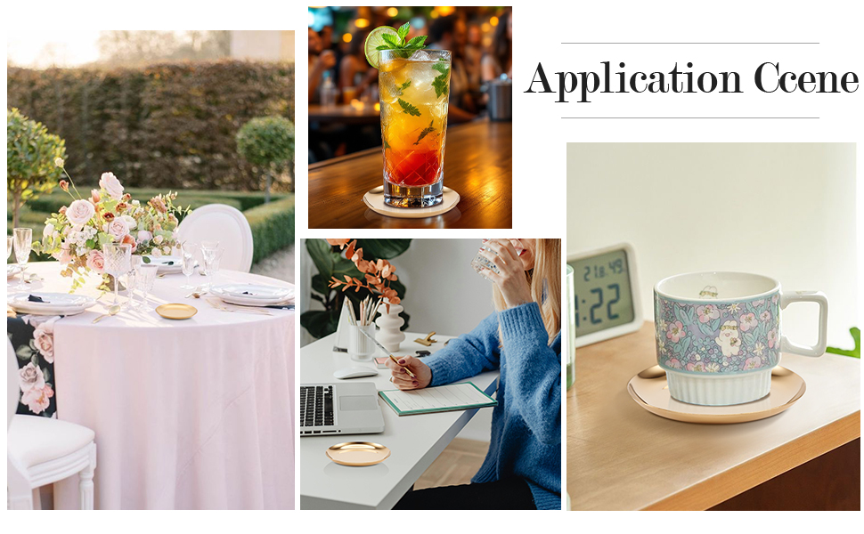 6 pcs Gold Drink Coaster with Holder Non-Slip Metal Cup Mat Flat Round Drink Coasters for Wedding Drinks Coffee Table Glass Mug Hotel Bar Teacup Party Supplies