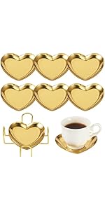 6 pcs Gold Drink Coaster with Holder Non-Slip Metal Cup Mat Flat Round Drink Coasters for Wedding Drinks Coffee Table Glass Mug Hotel Bar Teacup Party Supplies