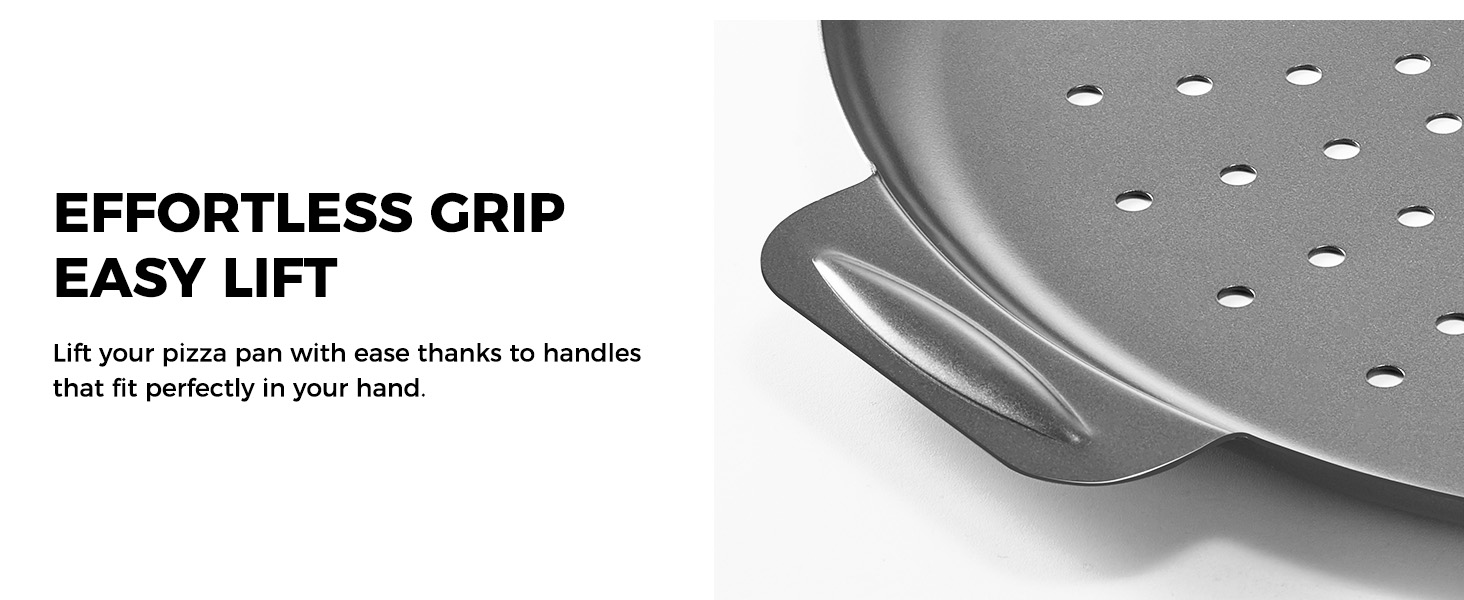 HONGBAKE 2 Pack Pizza Pan 14 Inch with Holes, Rust-Free Nonstick Pizza Pan for Oven, 0.8mm Carbon Steel Perforated Pizza Tray with Wider Handles, Round Baking Sheet for Frozen & Homemade Pizza, Grey