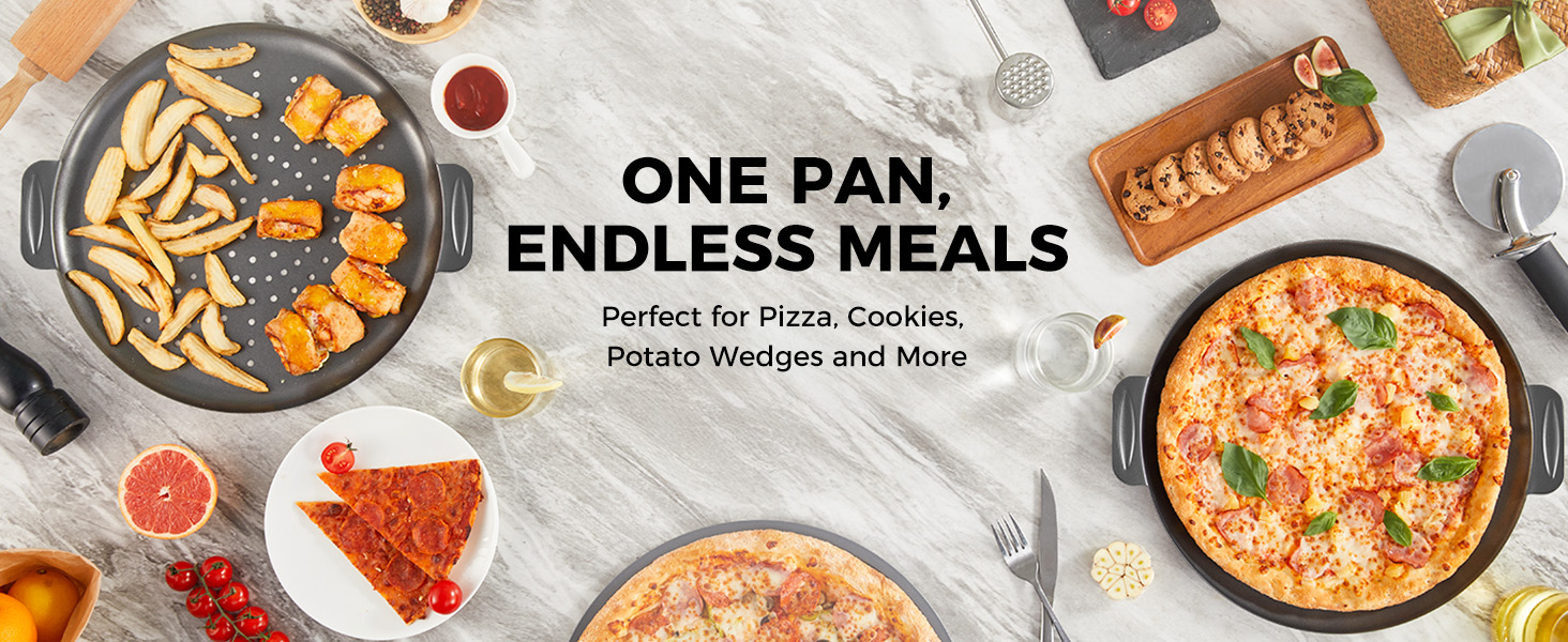 HONGBAKE 2 Pack Pizza Pan 14 Inch with Holes, Rust-Free Nonstick Pizza Pan for Oven, 0.8mm Carbon Steel Perforated Pizza Tray with Wider Handles, Round Baking Sheet for Frozen & Homemade Pizza, Grey