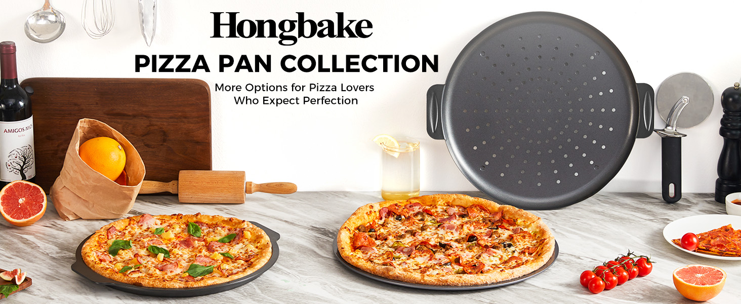 HONGBAKE 2 Pack Pizza Pan 14 Inch with Holes, Rust-Free Nonstick Pizza Pan for Oven, 0.8mm Carbon Steel Perforated Pizza Tray with Wider Handles, Round Baking Sheet for Frozen & Homemade Pizza, Grey