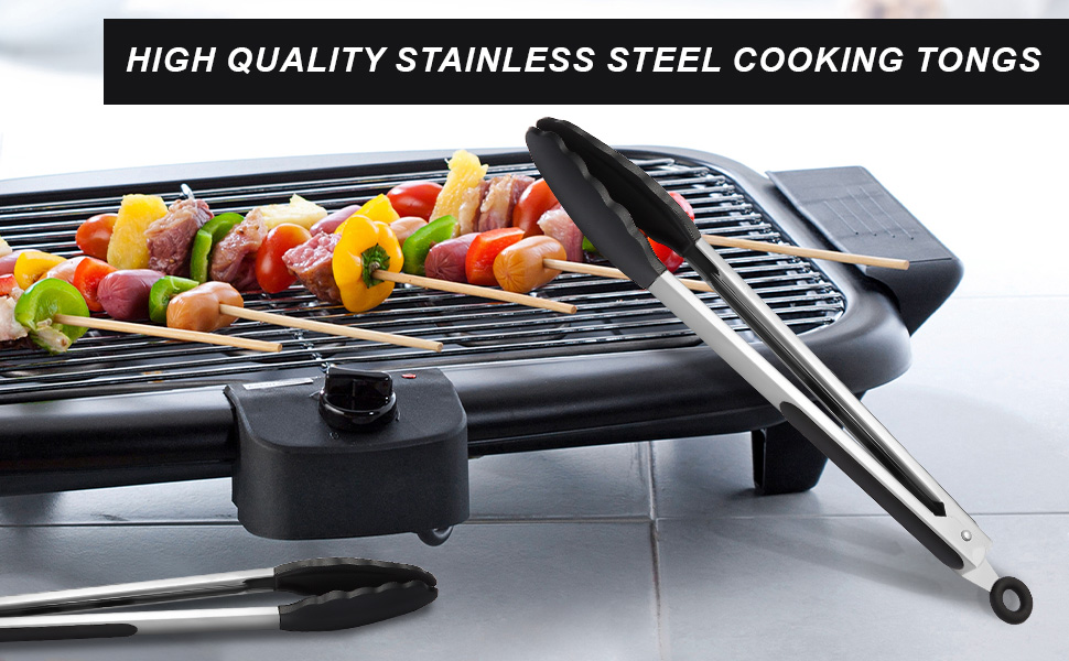2 Pack Black Premium Stainless Steel Heat Resistant Kitchen Tongs for cooking,set of 9