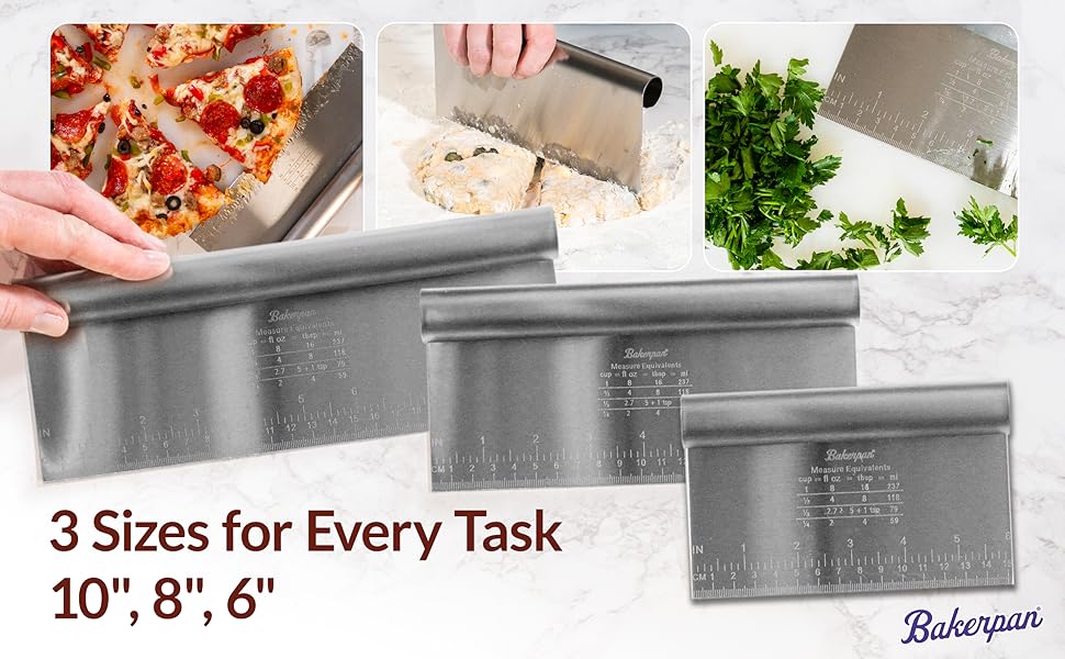 Bakerpan Stainless Steel Heavy Duty Dough Cutter, 3 Size Set - Metal Bench Scraper Kitchen Utensils, Chopper, Pizza and Pastry Cutter Tool, 10, 8, 6 Inch