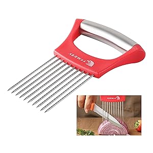 2PCS Onion Slicer Holder, XZZWLL Stainless Steel Onion Cutter for Slicing and Storage Onions, Tomato, Eggs and Vegetables, Protective Cover Included, Dishwasher Safe (Stylish Orange+ Red Color)