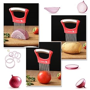 2PCS Onion Slicer Holder, XZZWLL Stainless Steel Onion Cutter for Slicing and Storage Onions, Tomato, Eggs and Vegetables, Protective Cover Included, Dishwasher Safe (Stylish Orange+ Red Color)