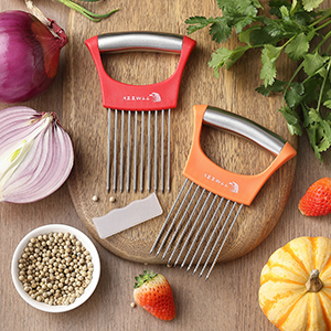 2PCS Onion Slicer Holder, XZZWLL Stainless Steel Onion Cutter for Slicing and Storage Onions, Tomato, Eggs and Vegetables, Protective Cover Included, Dishwasher Safe (Stylish Orange+ Red Color)