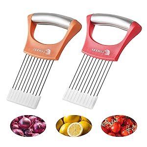 2PCS Onion Slicer Holder, XZZWLL Stainless Steel Onion Cutter for Slicing and Storage Onions, Tomato, Eggs and Vegetables, Protective Cover Included, Dishwasher Safe (Stylish Orange+ Red Color)