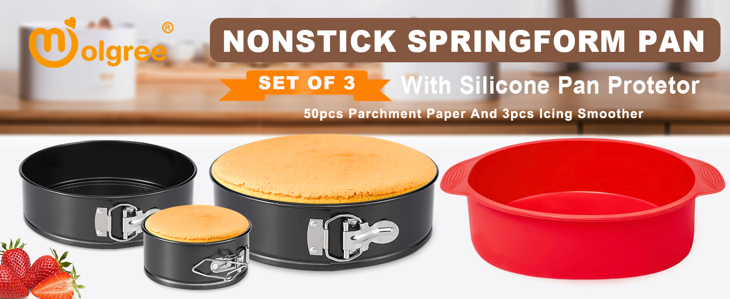 4 7 9 Inch Springform Pan Set of 3, Leakproof Cheesecake Pan with Protector, Nonstick Spring Form Pans for Cheesecake, Round Cake Pans Sets for Baking with Removable Bottom and 50Pcs Parchment Paper