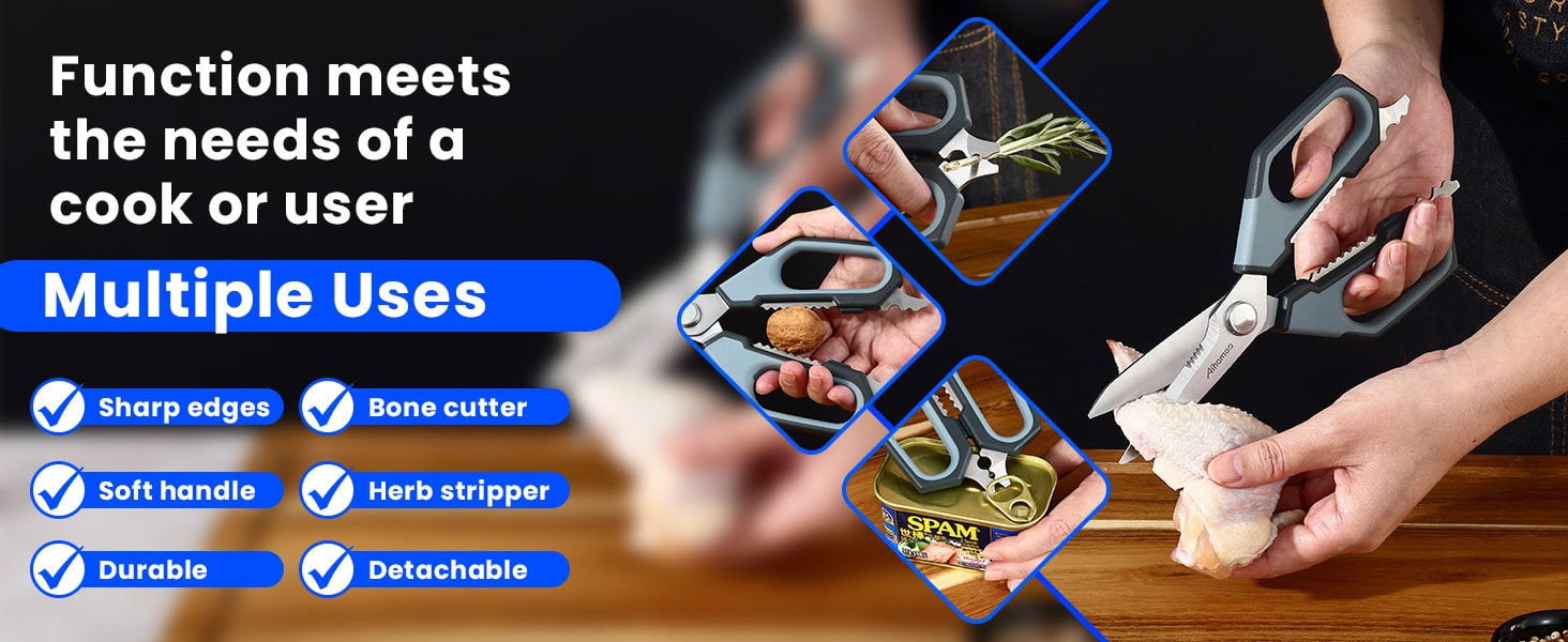 Sharp Nordic-Style Kitchen Shears Soft Comfort Handle, All Purpose Scissors with Herb Stripper, Detachable Cooking Scissors, Micro-Serrated Blade for Food Chicken Meat Herb Packaging