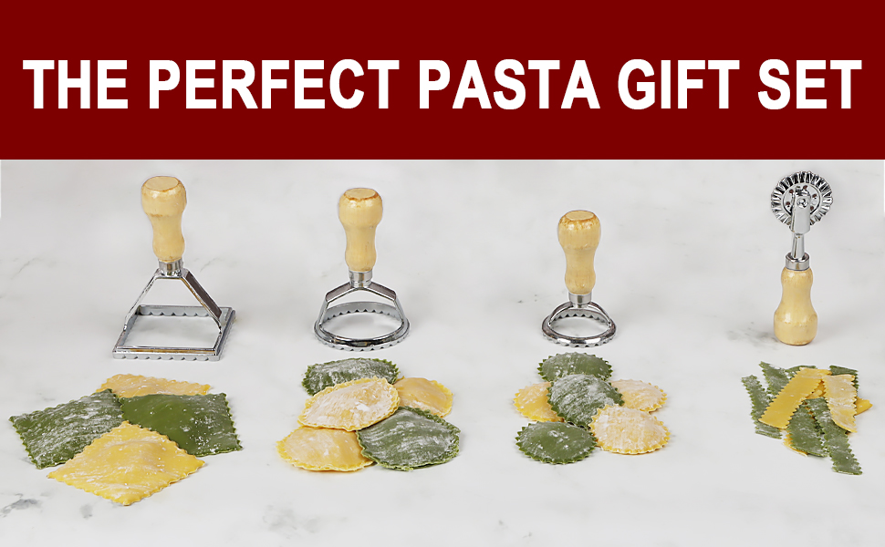 Ravioli Stamp Maker Cutter with Roller Wheel Set, Large Size Aluminum Press with Wooden Handle and Fluted Edge, Ravioli Maker Stamp for Ravioli, Pasta, Dumplings Lasagna, Pierogi, Set of 4