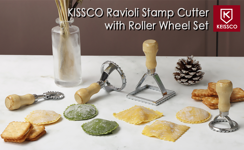 Ravioli Stamp Maker Cutter with Roller Wheel Set, Large Size Aluminum Press with Wooden Handle and Fluted Edge, Ravioli Maker Stamp for Ravioli, Pasta, Dumplings Lasagna, Pierogi, Set of 4