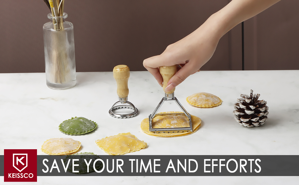 Ravioli Stamp Maker Cutter with Roller Wheel Set, Large Size Aluminum Press with Wooden Handle and Fluted Edge, Ravioli Maker Stamp for Ravioli, Pasta, Dumplings Lasagna, Pierogi, Set of 4