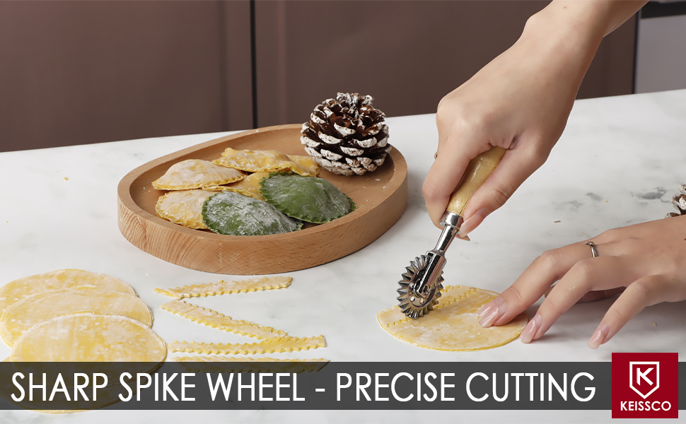 Ravioli Stamp Maker Cutter with Roller Wheel Set, Large Size Aluminum Press with Wooden Handle and Fluted Edge, Ravioli Maker Stamp for Ravioli, Pasta, Dumplings Lasagna, Pierogi, Set of 4