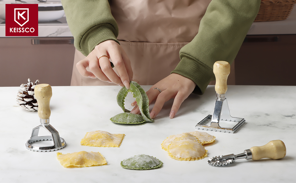 Ravioli Stamp Maker Cutter with Roller Wheel Set, Large Size Aluminum Press with Wooden Handle and Fluted Edge, Ravioli Maker Stamp for Ravioli, Pasta, Dumplings Lasagna, Pierogi, Set of 4
