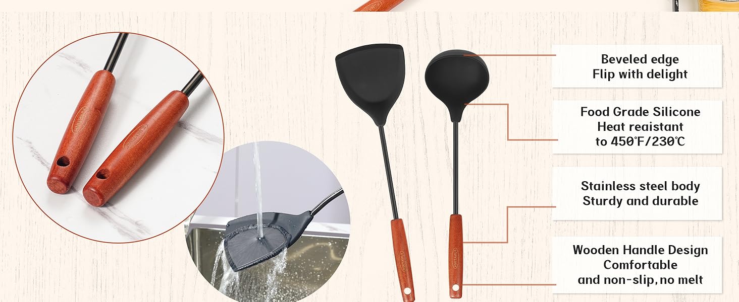 FJNATINH Silicone Wok Spatula,Turner,Ladle,Skimmer Set,Wok Tools, Wok Utensil,Non Stick Heat-Resistant Stainless Steel Cooking Utensils BPA Free Kitchen Utensils Cookware, Pack of 4,Black