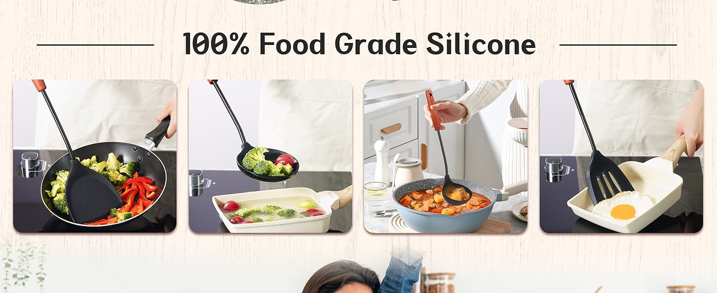 FJNATINH Silicone Wok Spatula,Turner,Ladle,Skimmer Set,Wok Tools, Wok Utensil,Non Stick Heat-Resistant Stainless Steel Cooking Utensils BPA Free Kitchen Utensils Cookware, Pack of 4,Black