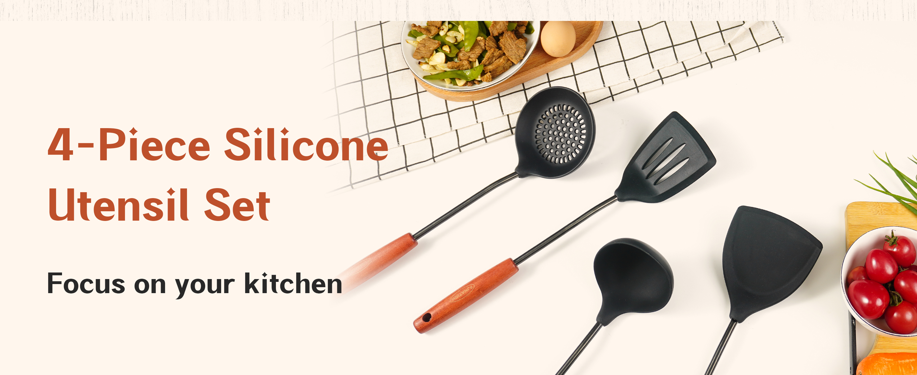 FJNATINH Silicone Wok Spatula,Turner,Ladle,Skimmer Set,Wok Tools, Wok Utensil,Non Stick Heat-Resistant Stainless Steel Cooking Utensils BPA Free Kitchen Utensils Cookware, Pack of 4,Black