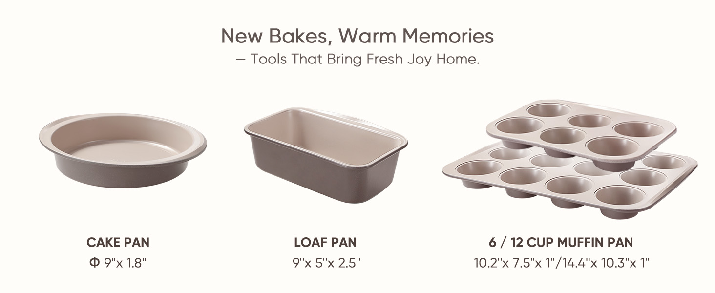 CAROTE 7-Piece Nonstick Stackable Baking Pans Set - Bakeware Sets Including Cookie Sheets for Baking, Muffin Pan, Bread Pan, Cake pan, Loaf Pan, Roasting Pan, Gray & Khaki