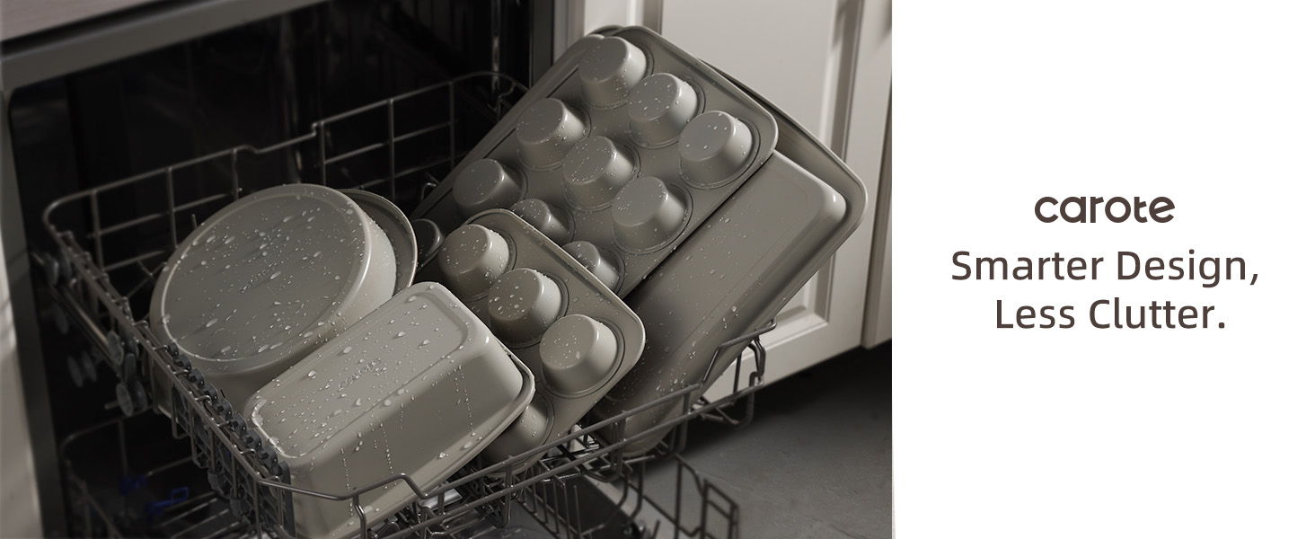 CAROTE 7-Piece Nonstick Stackable Baking Pans Set - Bakeware Sets Including Cookie Sheets for Baking, Muffin Pan, Bread Pan, Cake pan, Loaf Pan, Roasting Pan, Gray & Khaki