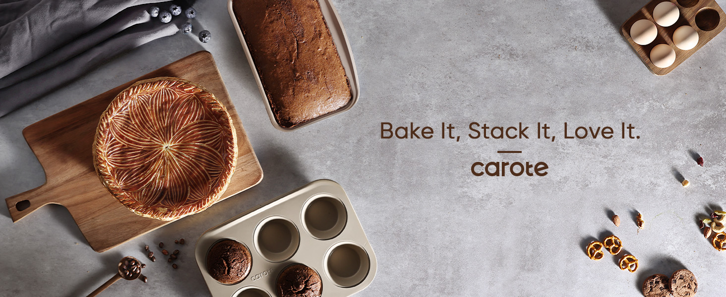 CAROTE 7-Piece Nonstick Stackable Baking Pans Set - Bakeware Sets Including Cookie Sheets for Baking, Muffin Pan, Bread Pan, Cake pan, Loaf Pan, Roasting Pan, Gray & Khaki