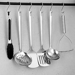 Kyraton Stainless Steel Kitchen Utensils Set 6 Pieces, Cooking Utensil Set Include Metal Spatula Sets, Skimmer, Ladle, Tongs, Potato Masher, Dishwasher Safe