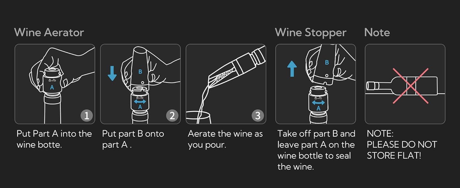 KITCHENDAO 2-in-1 Wine Aerator Pourer and Stopper, Premium Wine Air Aerator Pourer Decanter Spout Dispenser No Drip or Spill-Improve Taste and Bouquet Instantly- BPA Free-Dishwasher Safe - Black