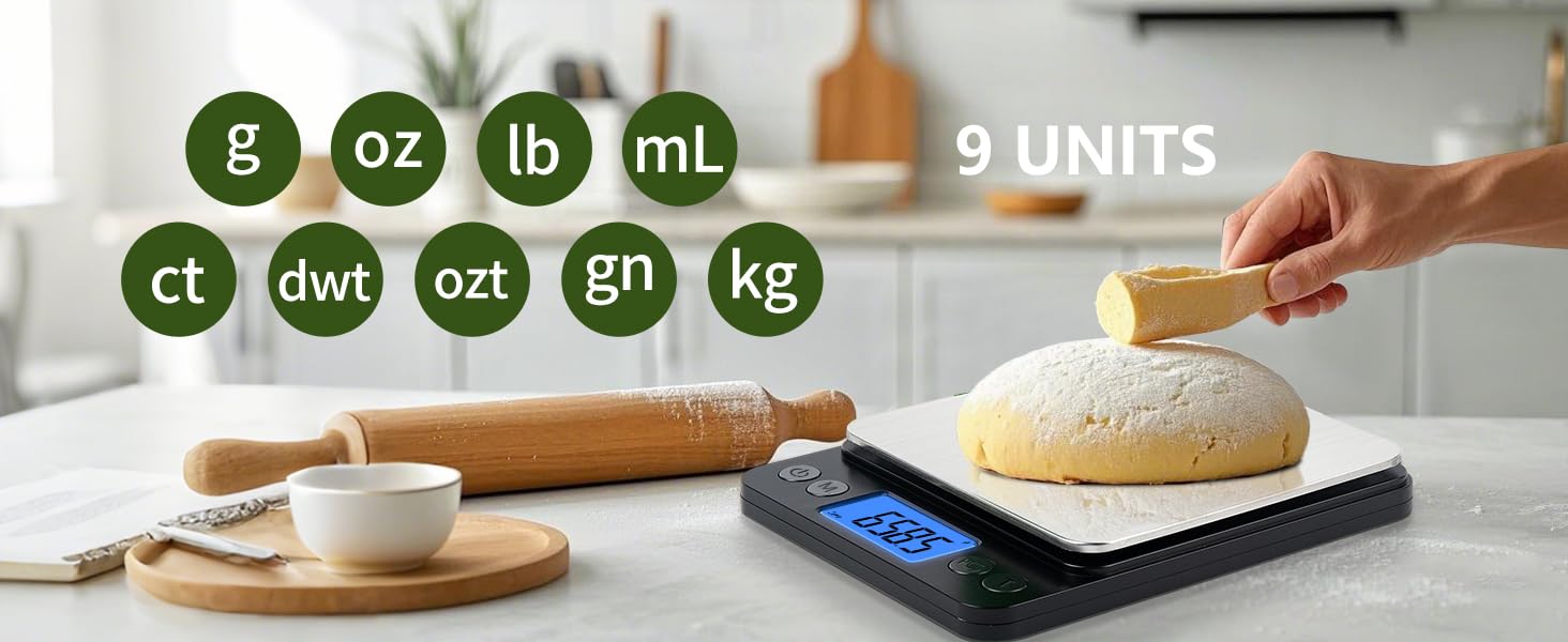 MEIYA Food Scale Grams and Ounces, Plus Size Digital Kitchen Scale for Cooking Baking, 5kg/0.1g High Accurate Gram Scale with USB Charging, 2 Tray, LCD Backlit Display, Stainless Steel Pan Easy Clean