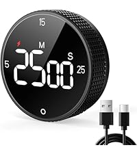 Magnetic Kitchen Timer for Cooking with Loud Alarm - Large LED Display Rotating Countdown Pomodoro Timer, Preset 5/15/25 Mins Easy for Seniors and Kids，for Baking Grilling Studying