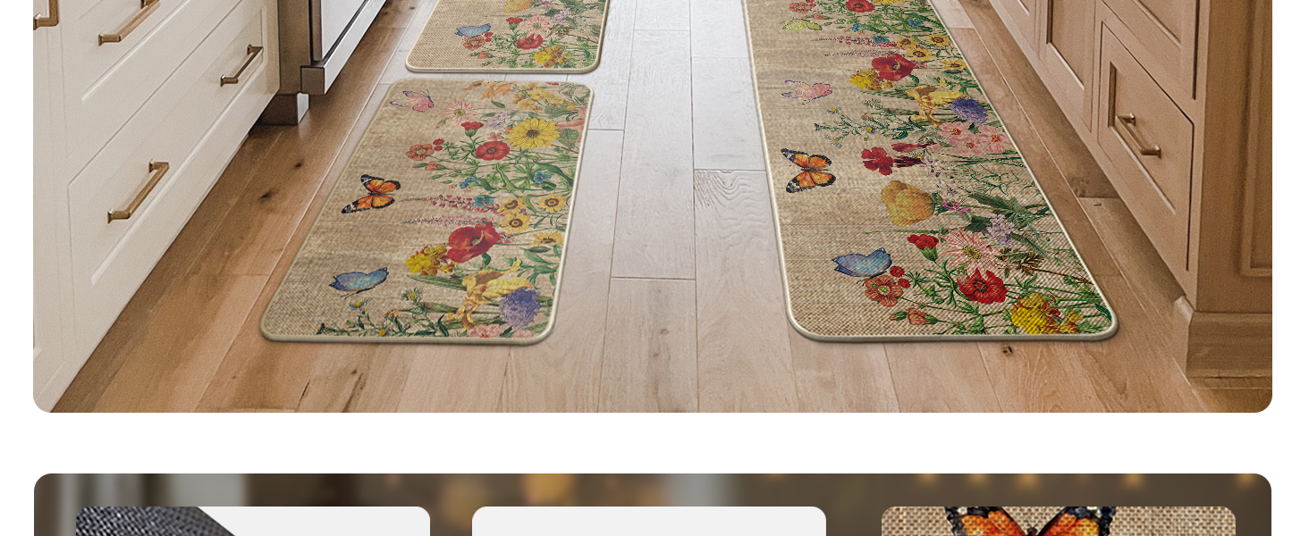 Artoid Mode Wood Flowers Butterfly Spring Kitchen Mats Set of 3, Seasonal Home Decor Leaves Low-Profile Kitchen Rugs for Floor - 17
