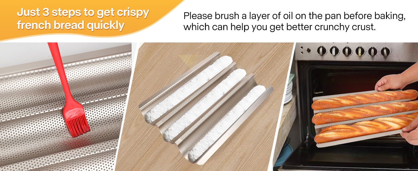 2-Pack Baguette Bread Pan, 3-Slot Nonstick French Bread Baking Tray, Heavy-Duty Loaf Tin with Rounded Corners, Oven Safe, Gold