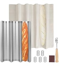 2-Pack Baguette Bread Pan, 3-Slot Nonstick French Bread Baking Tray, Heavy-Duty Loaf Tin with Rounded Corners, Oven Safe, Gold