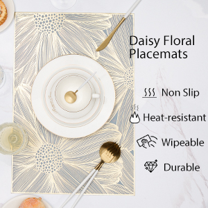 Gold Placemats Set of 6 Rectangle Pressed Vinyl Table Mats Heat Resistant Non-Slip Washable Wipeable Place Mats for Dining Table Indoor Outdoor Flower Dinner Placemats