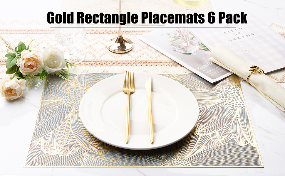 Gold Placemats Set of 6 Rectangle Pressed Vinyl Table Mats Heat Resistant Non-Slip Washable Wipeable Place Mats for Dining Table Indoor Outdoor Flower Dinner Placemats