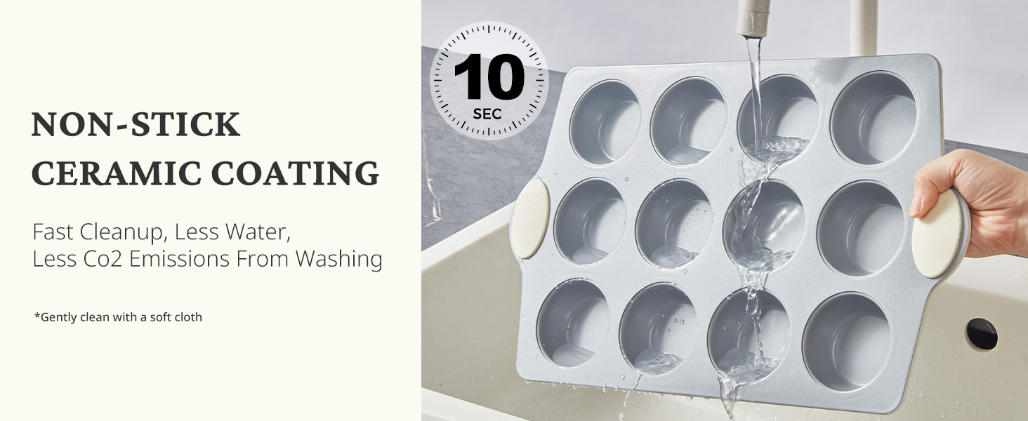 BRONYPRO 12-Cup Non Toxic Nonstick Ceramic Muffin Pan & Cupcake Tin, PFOA & PFOA Free, Heavy Duty Rust-Resistant Aluminized Steel, Oven Safe, Cream White