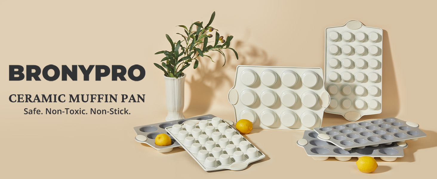 BRONYPRO 12-Cup Non Toxic Nonstick Ceramic Muffin Pan & Cupcake Tin, PFOA & PFOA Free, Heavy Duty Rust-Resistant Aluminized Steel, Oven Safe, Cream White