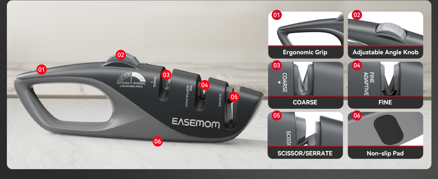 Kitchen Knife Sharpener, 5 Adjustable Sharpening Angle - Handheld Pocket Knife Sharpener, Ergonomic Design, with Coarse & Fine for Scissors, Professional Chef's Knives (BLACK)