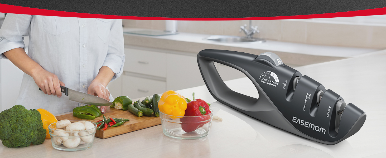 Kitchen Knife Sharpener, 5 Adjustable Sharpening Angle - Handheld Pocket Knife Sharpener, Ergonomic Design, with Coarse & Fine for Scissors, Professional Chef's Knives (BLACK)